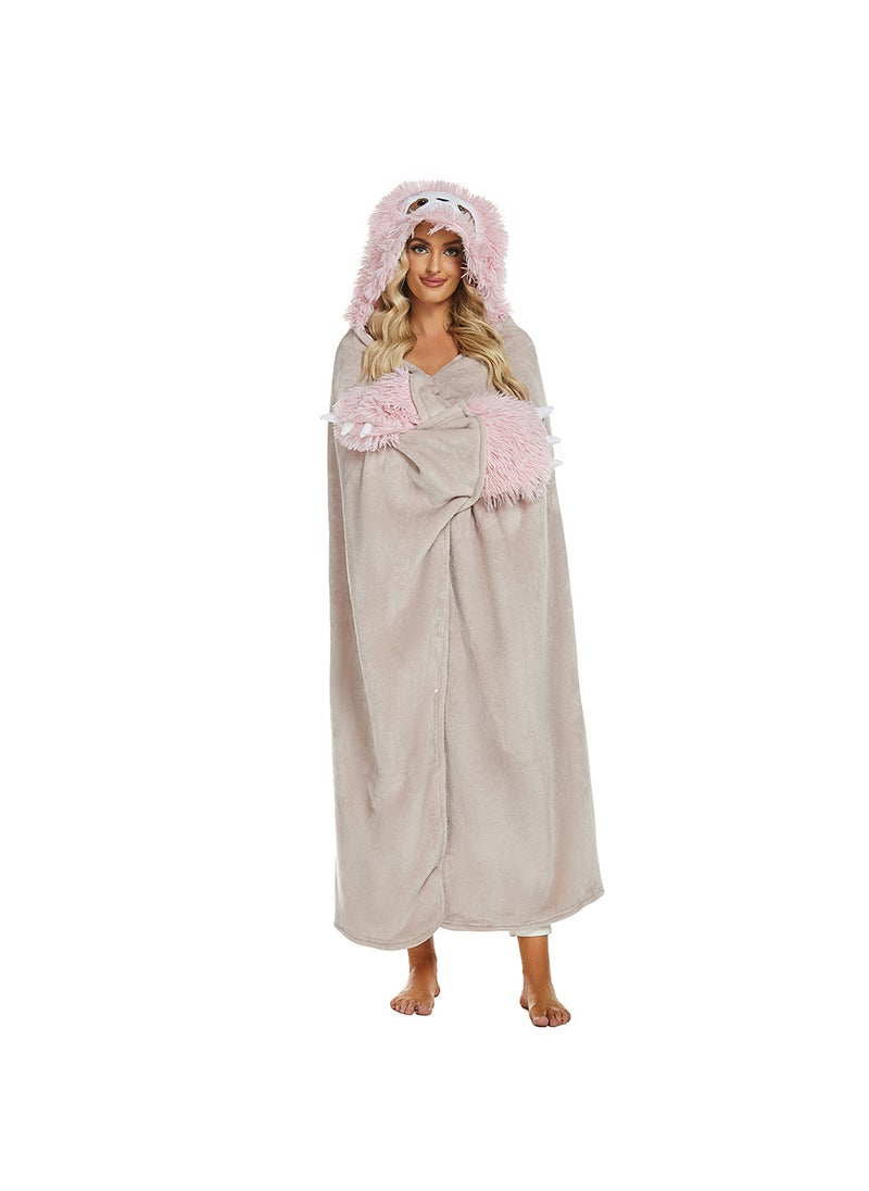 Cute Cartoon Sloth Hoodie Blanket with Gloves Fleece D51-flamingo