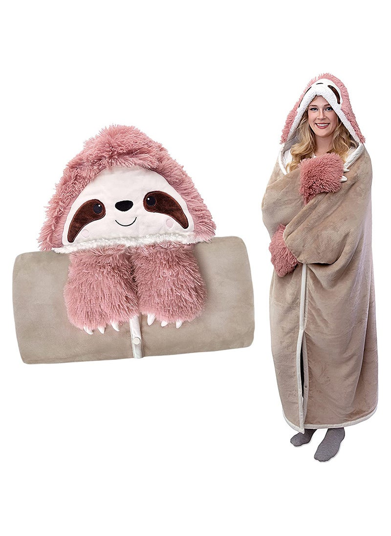 Cute Cartoon Sloth Hoodie Blanket with Gloves Fleece D51-flamingo