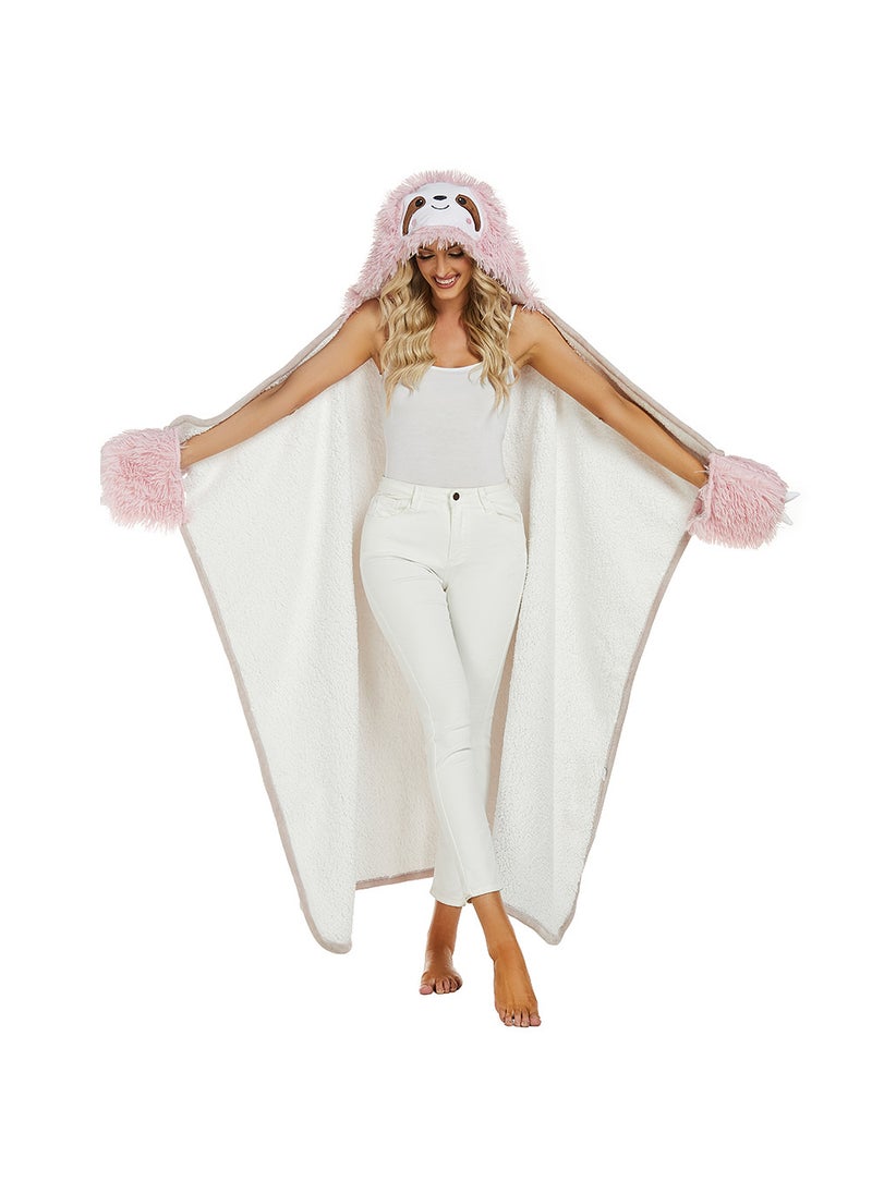 Cute Cartoon Sloth Hoodie Blanket with Gloves Fleece D51-flamingo