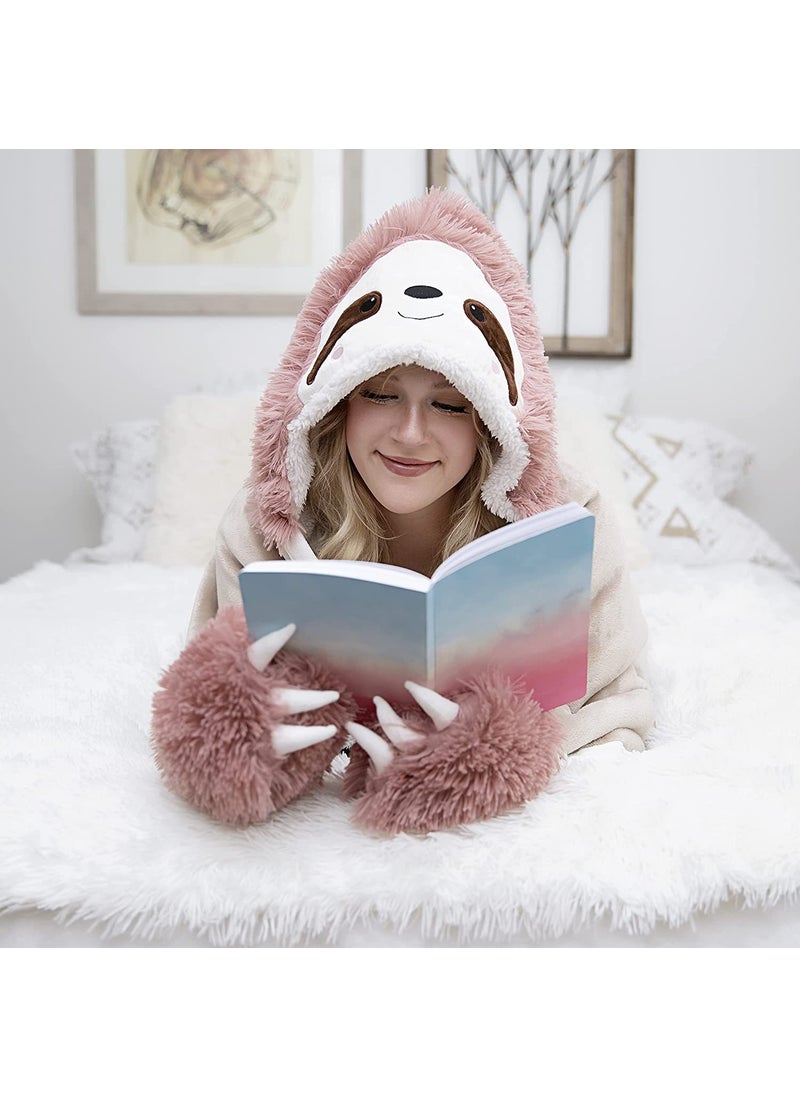 Cute Cartoon Sloth Hoodie Blanket with Gloves Fleece D51-flamingo