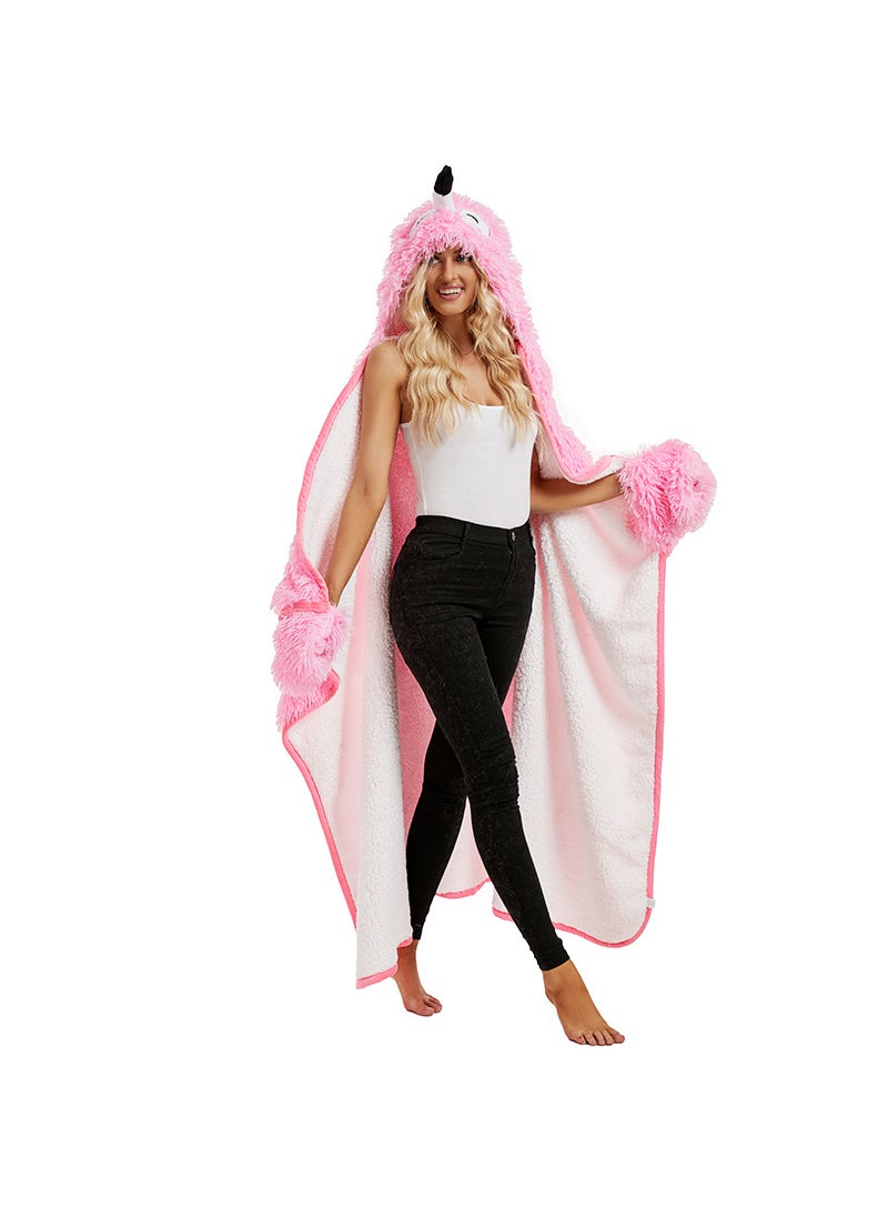Cute Cartoon Sloth Hoodie Blanket with Gloves Fleece D51-flamingo