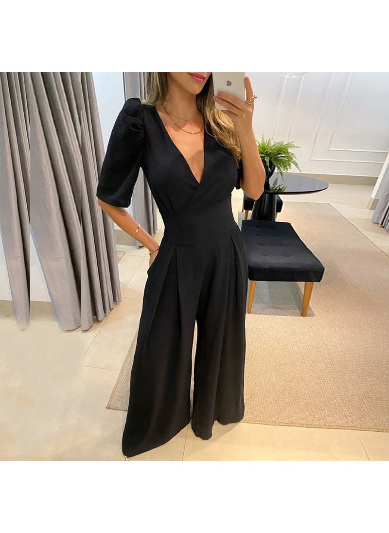 Elegant V-Neck Tie-Waist Jumpsuit Summer 2024 Black