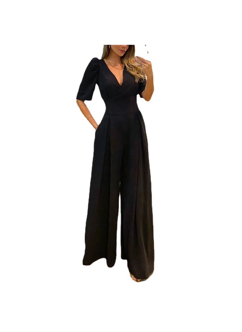 Elegant V-Neck Tie-Waist Jumpsuit Summer 2024 Black