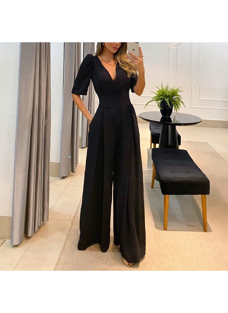 Elegant V-Neck Tie-Waist Jumpsuit Summer 2024 Black