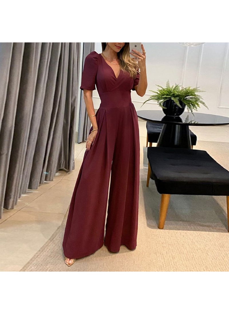 Elegant V-Neck Tie-Waist Jumpsuit Summer 2024 Black