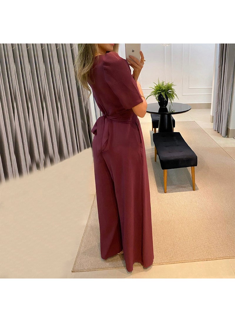 Elegant V-Neck Tie-Waist Jumpsuit Summer 2024 Red Brown