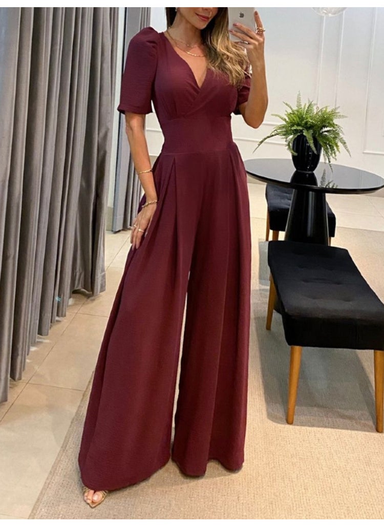 Elegant V-Neck Tie-Waist Jumpsuit Summer 2024 Red Brown