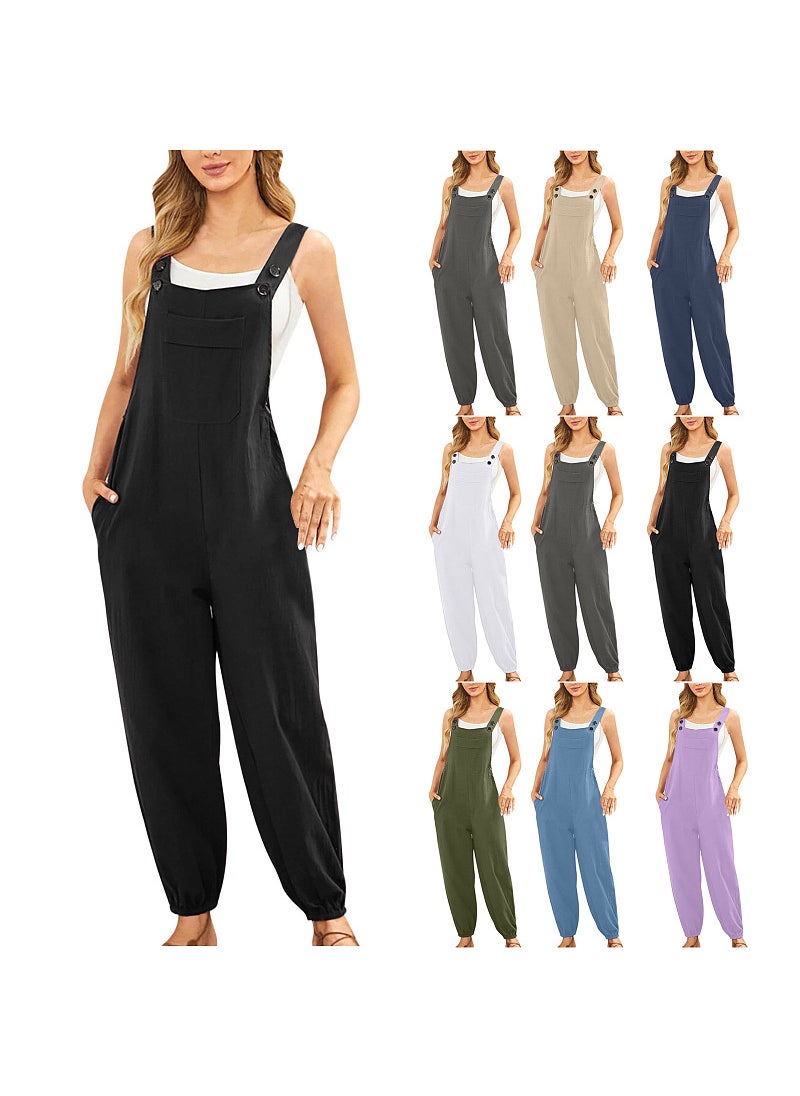 New Cotton Linen Womens Jumpsuit with Pockets Purple