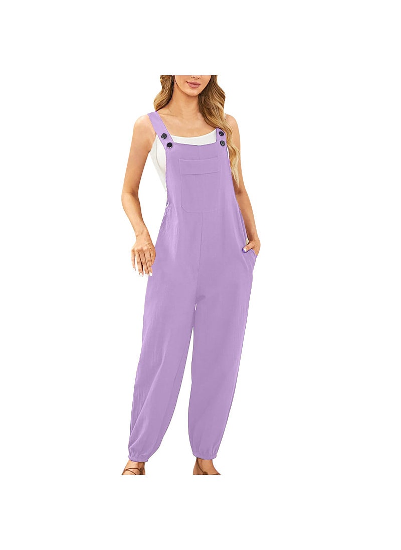 New Cotton Linen Womens Jumpsuit with Pockets Purple