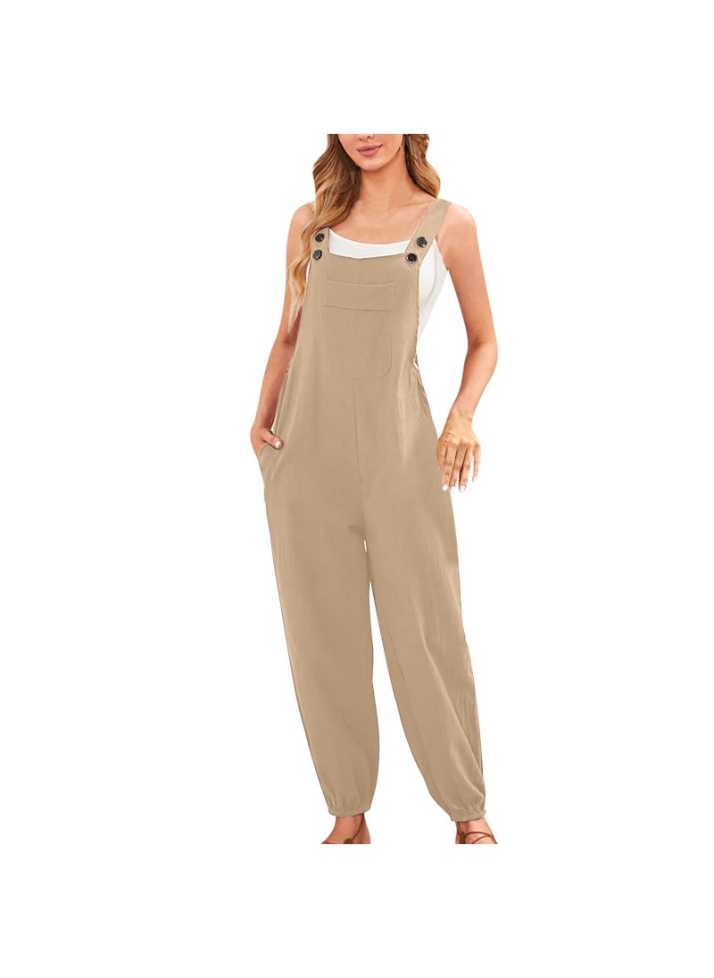 New Cotton Linen Womens Jumpsuit with Pockets Khaki