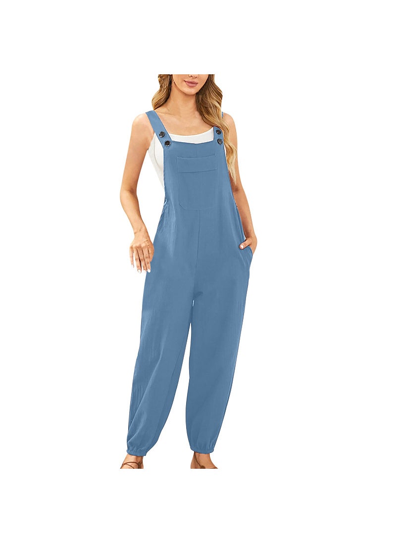 New Cotton Linen Womens Jumpsuit with Pockets Sky Blue