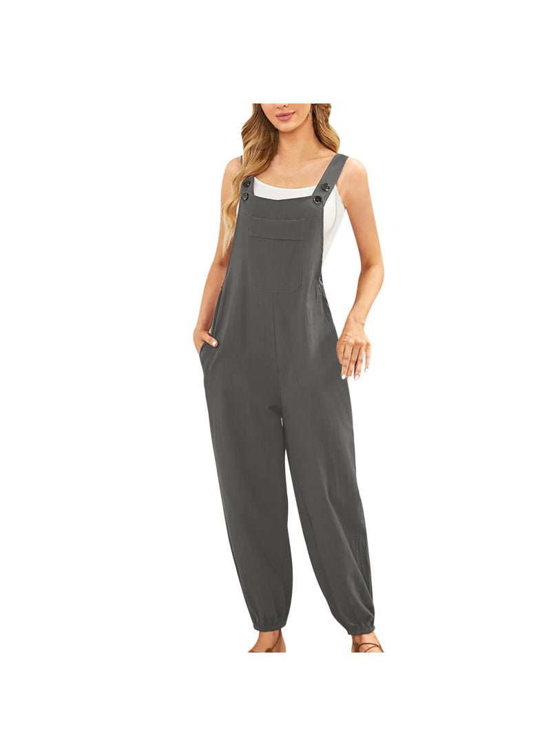 New Cotton Linen Womens Jumpsuit with Pockets Sky Blue