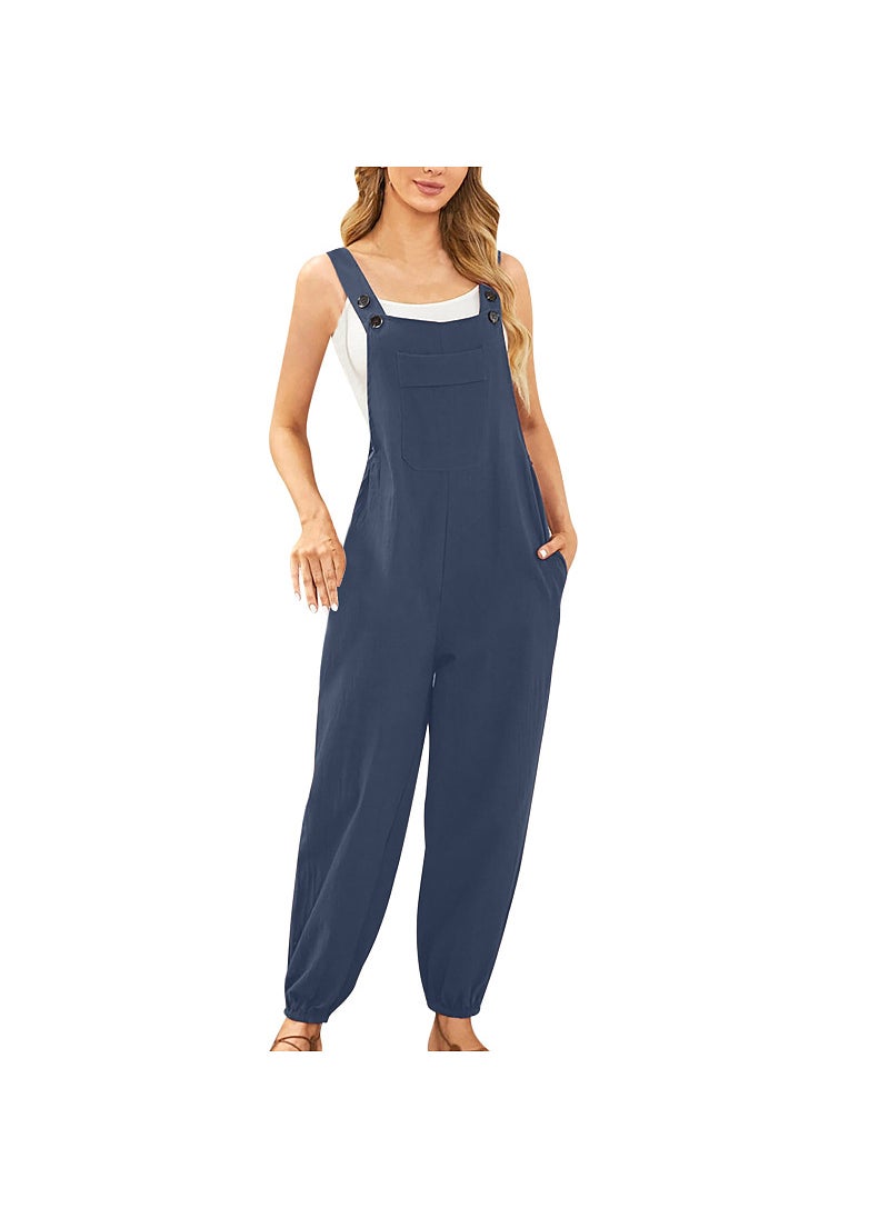 New Cotton Linen Womens Jumpsuit with Pockets Grey