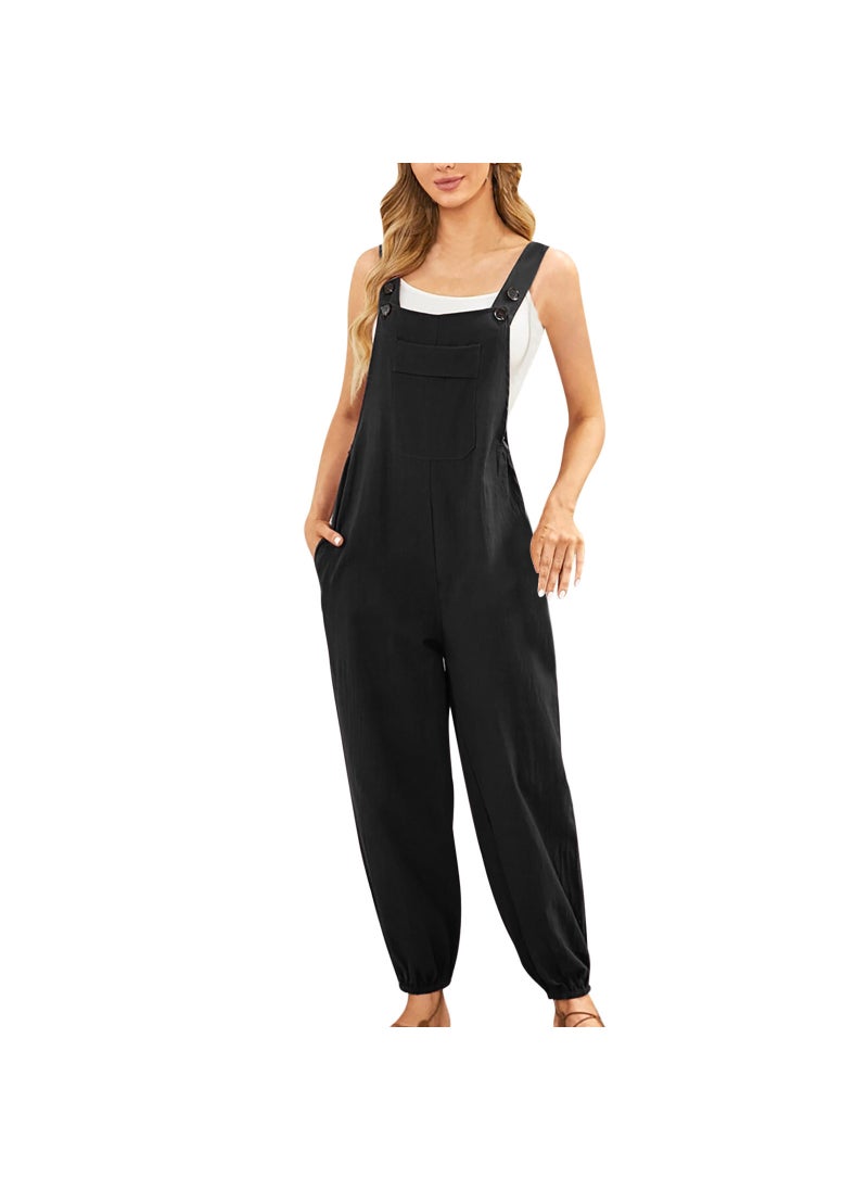 New Cotton Linen Jumpsuit with Pockets for Women Navy