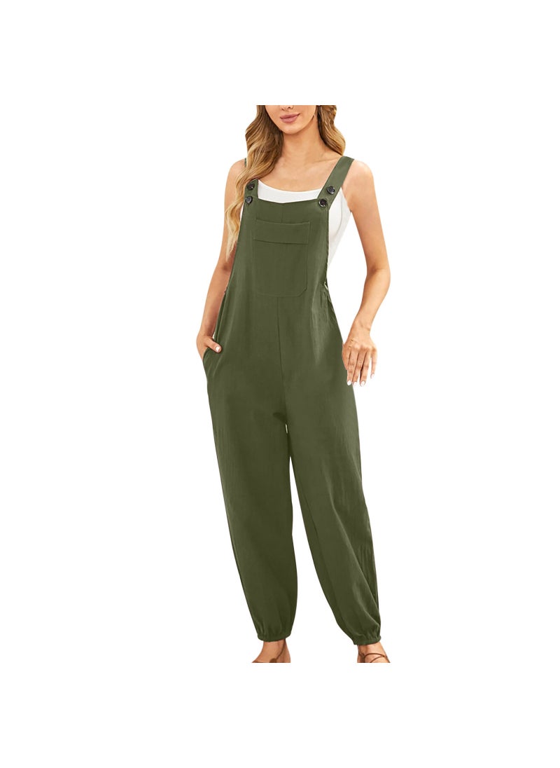 New Cotton Linen Jumpsuit with Pockets for Women Army Green