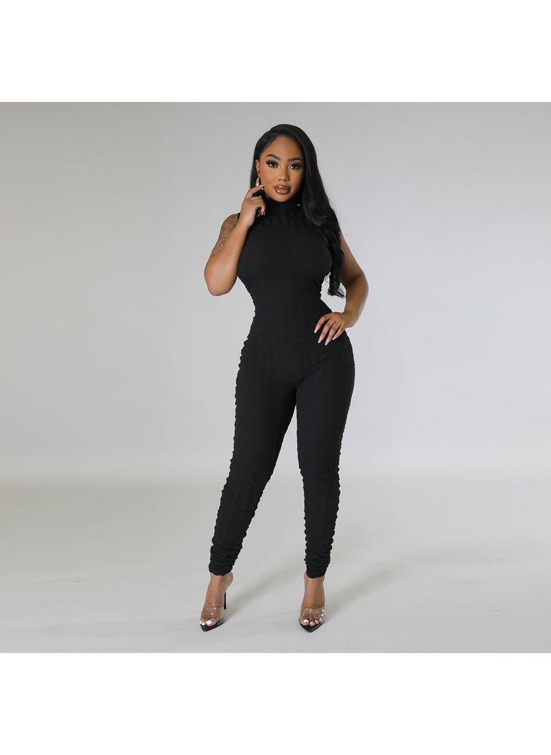 Reversible Solid Popcorn Fabric Jumpsuit Black