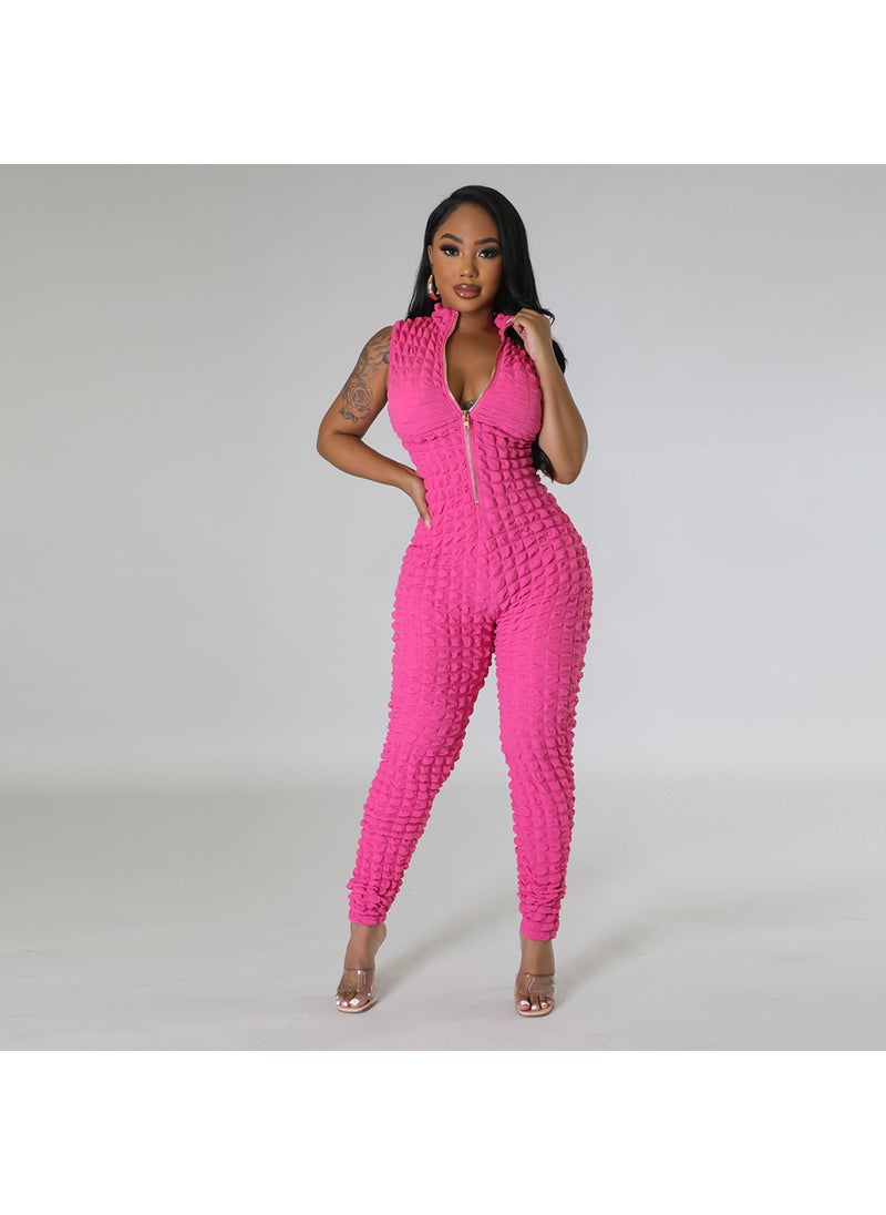 Reversible Solid Popcorn Fabric Jumpsuit Rose Red