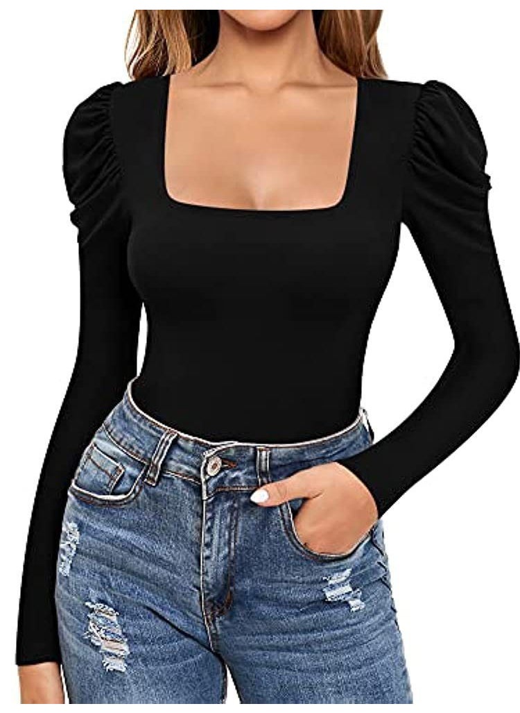 New Chic Square Neck Thong Bodysuit for Women Black