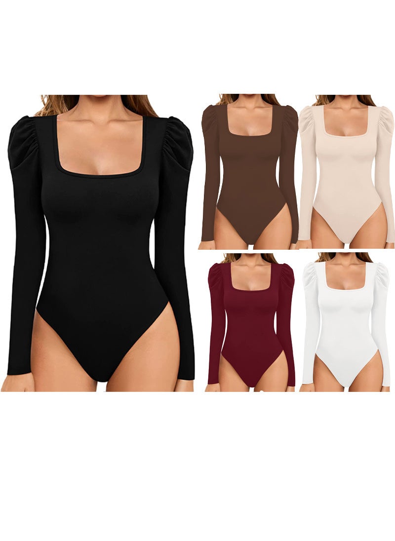 New Chic Square Neck Thong Bodysuit for Women Black