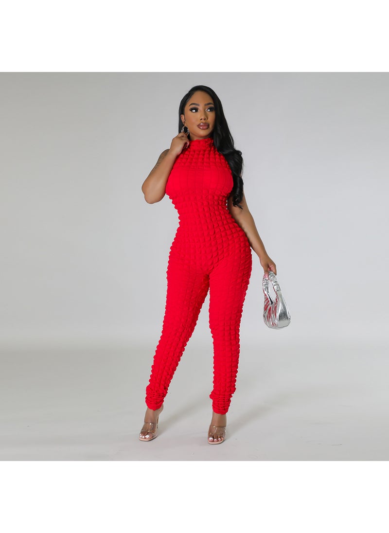 Reversible Solid Popcorn Fabric Jumpsuit Red