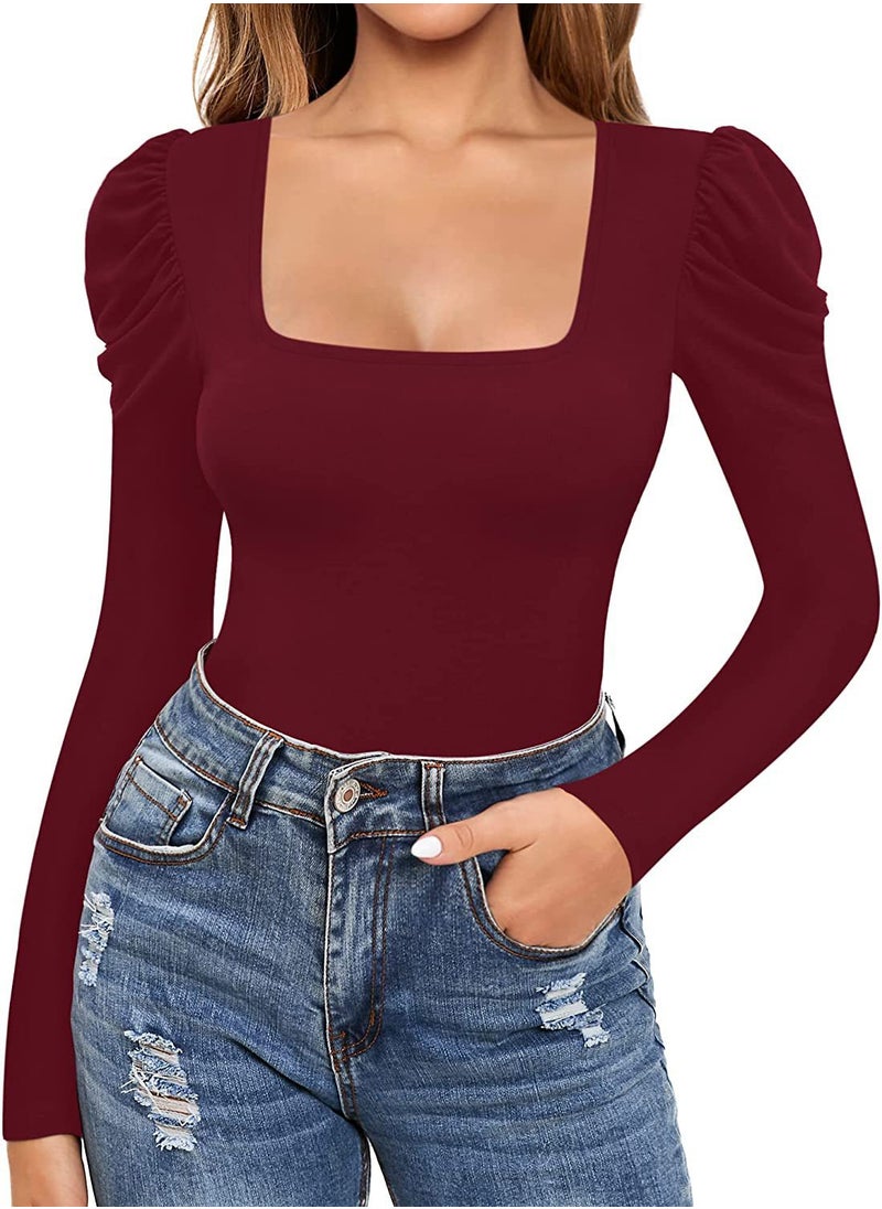 New Chic Square Neck Thong Bodysuit for Women Wine red