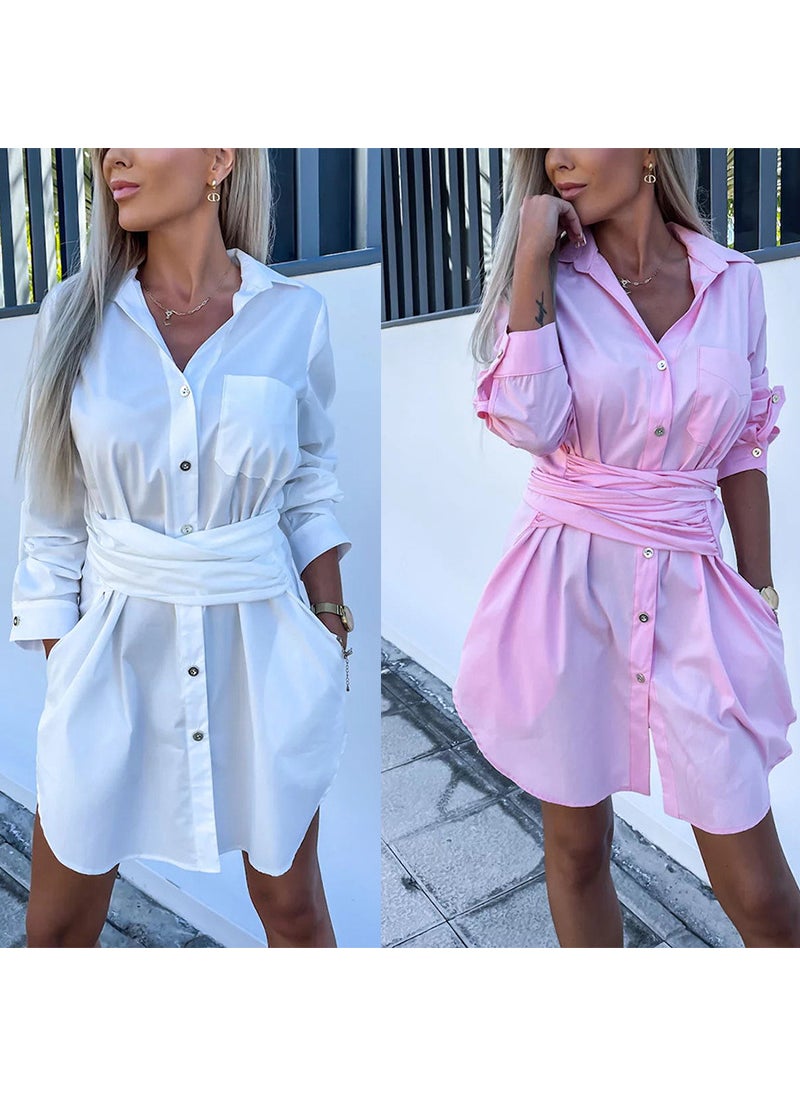 2023 New Lace-Up Cardigan Multi-Color Roll-Up Sleeve Dress Shirt Naked Pink