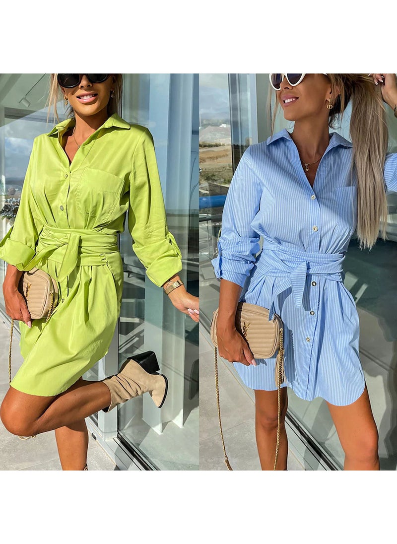 2023 New Lace-Up Cardigan Multi-Color Roll-Up Sleeve Dress Shirt fluorescent green