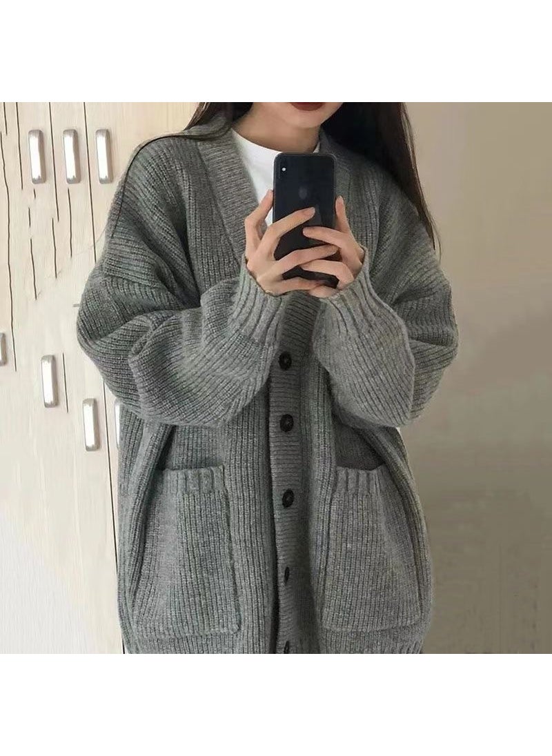 Elegant Grey Knitted Cardigan Womens Mid-Length 2024 2296 Brown