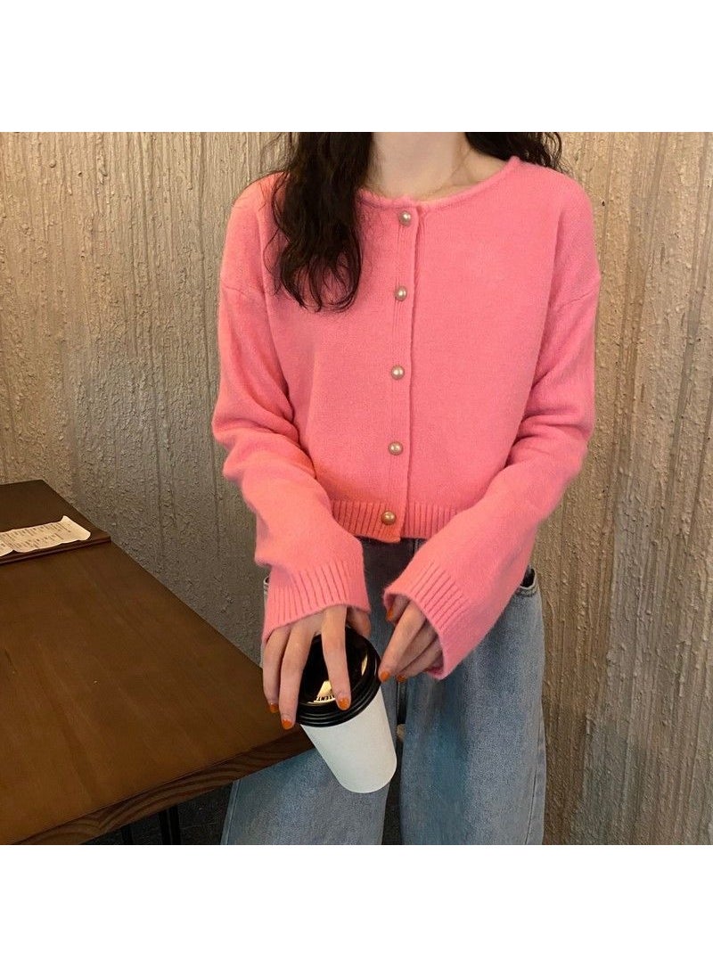 2023 Spring Autumn Casual Cropped Cardigan Candy Colors Rose Red