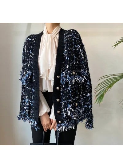 Elegant Knit Cardigan Tassel Sweater Casual Marled Layer Black