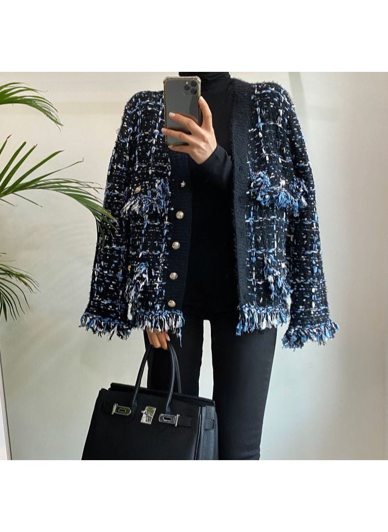 Elegant Knit Cardigan Tassel Sweater Casual Marled Layer Black