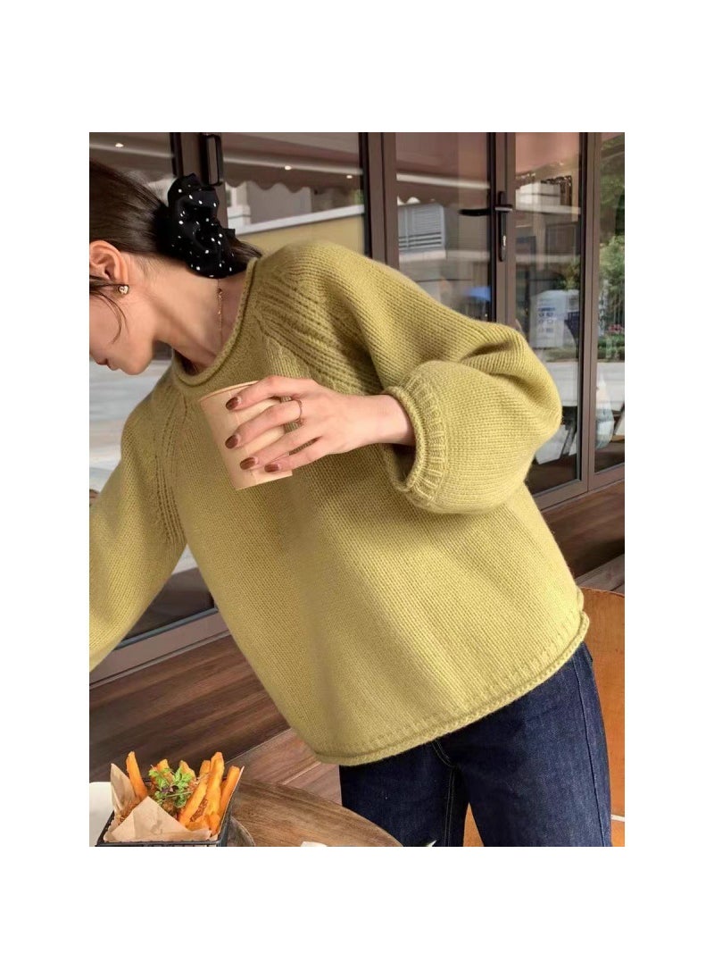 Korean Curl-Edge Chunky Knit Sweater Womens Loose Autumn Orange