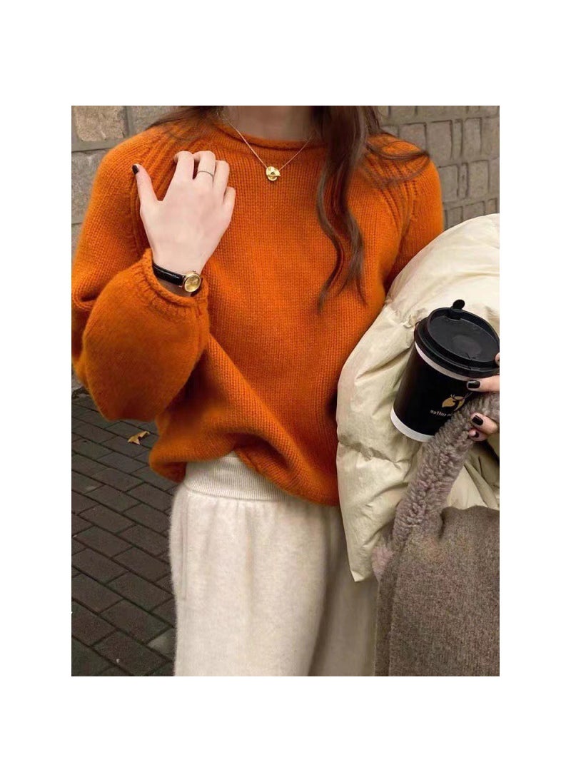 Korean Curl-Edge Chunky Knit Sweater Womens Loose Autumn Orange