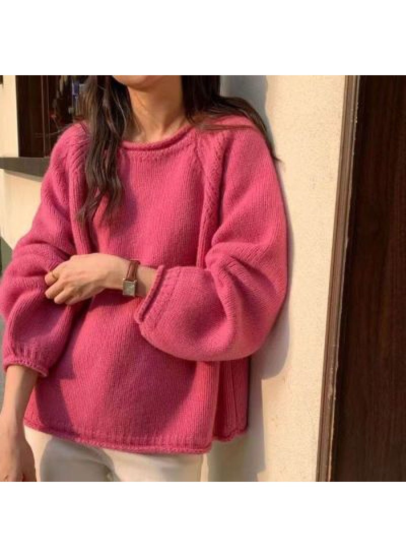 Korean Curl-Edge Chunky Knit Sweater Womens Loose Autumn Orange