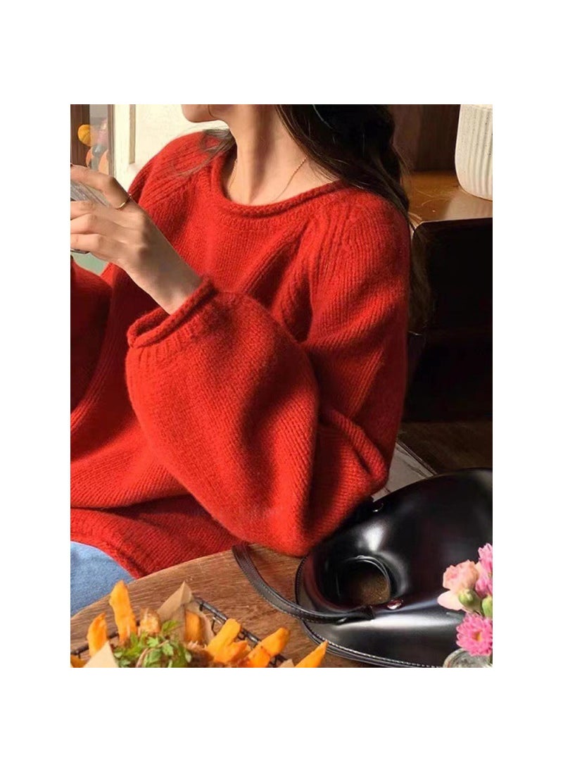 Korean Curl-Edge Chunky Knit Sweater Womens Loose Autumn Orange