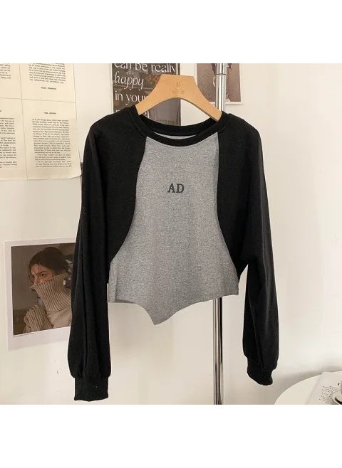 Irregular Chic Layered-Look Sweatshirt Spring Casual Plus Size Crop Top Black sleeves