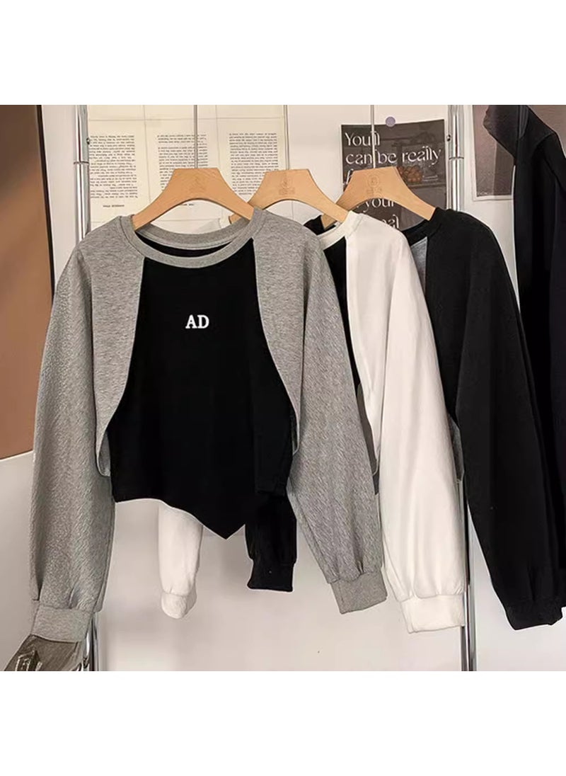 Irregular Chic Layered-Look Sweatshirt Spring Casual Plus Size Crop Top Black sleeves