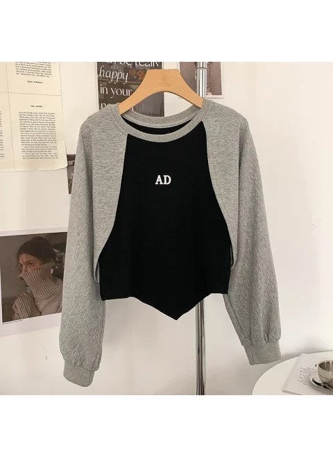 Irregular Chic Layered-Look Sweatshirt Spring Casual Plus Size Crop Top Gray sleeves