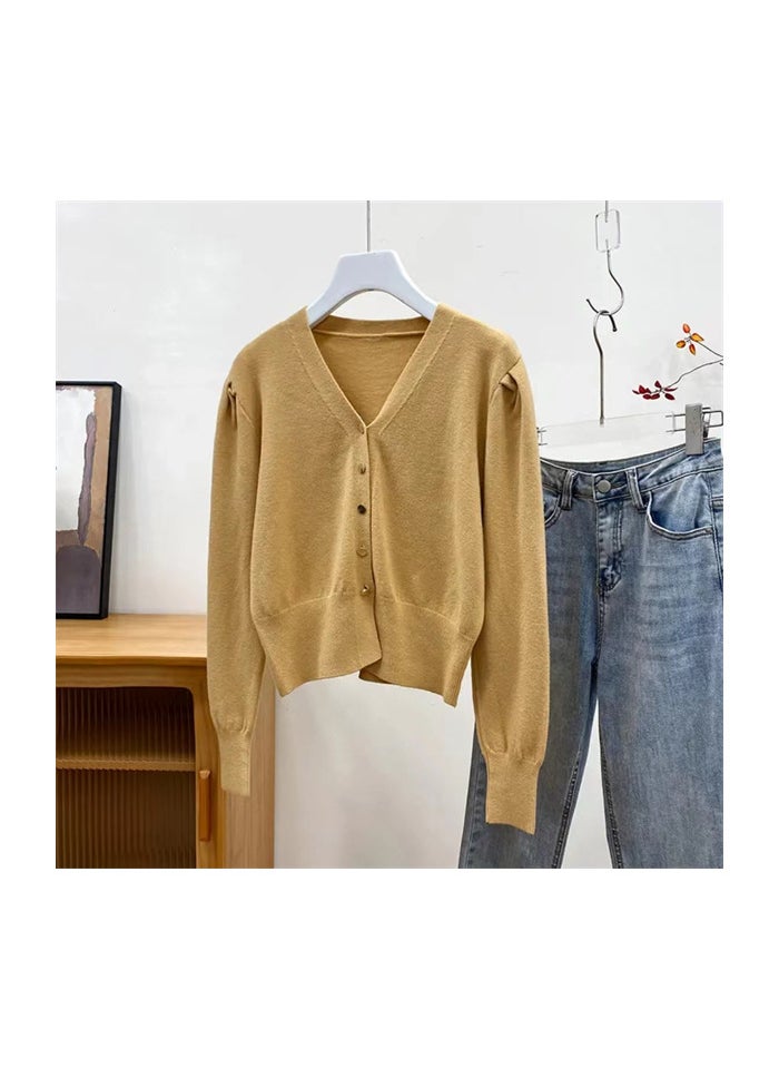 French Retro Bubble Sleeve Knit Cardigan for Women Brown