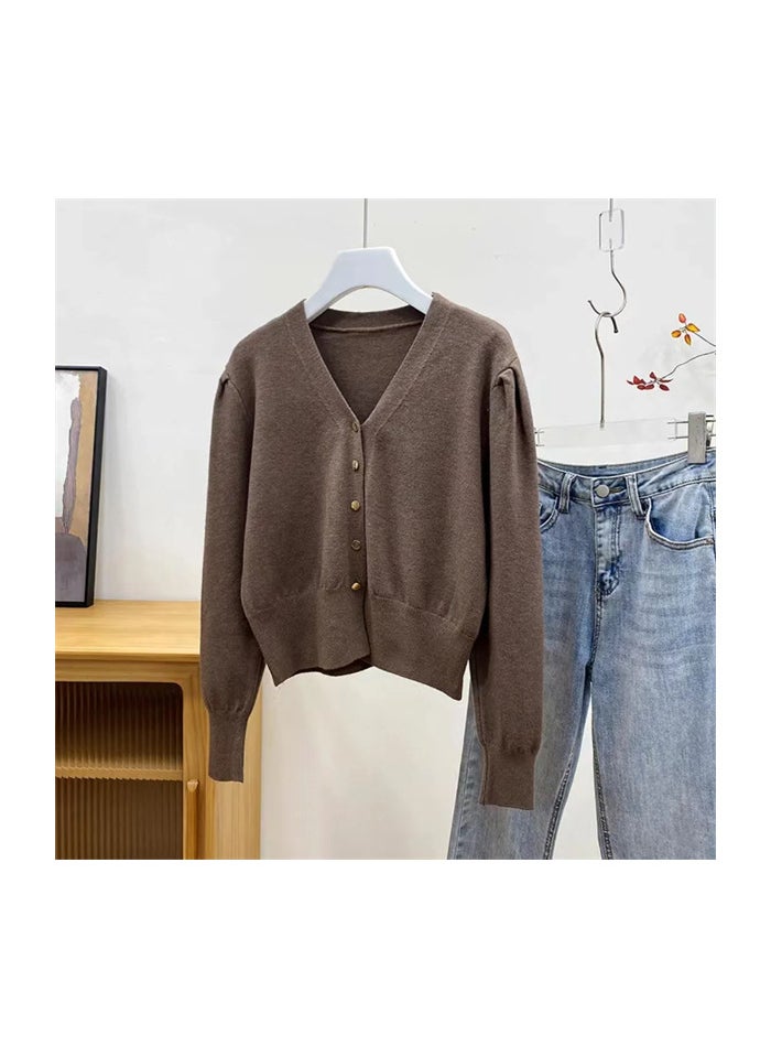 French Retro Bubble Sleeve Knit Cardigan for Women Brown