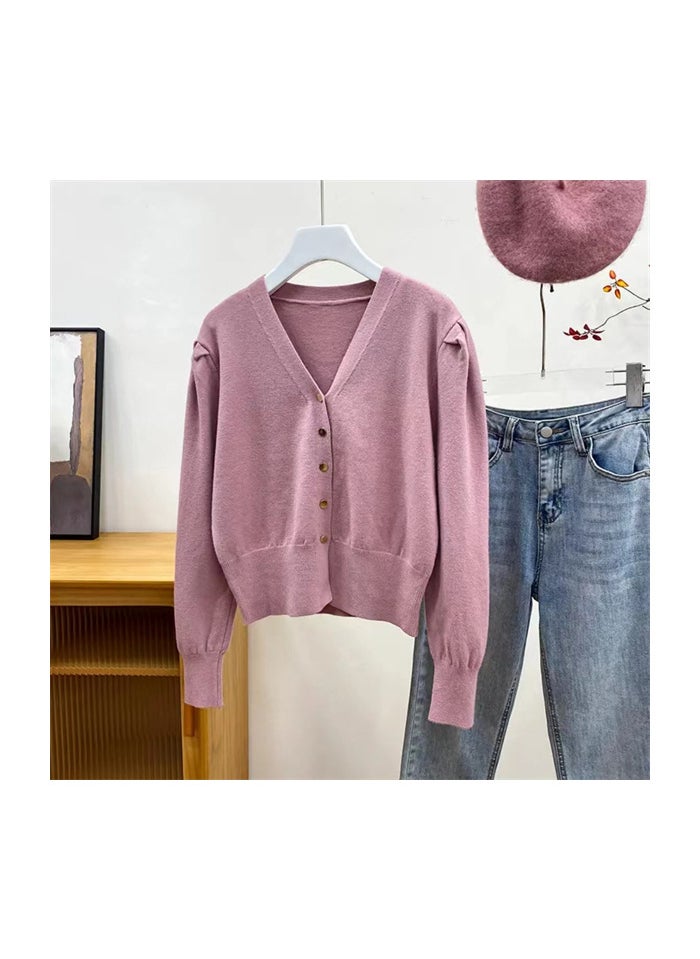 French Retro Bubble Sleeve Knit Cardigan for Women Pink