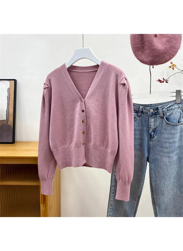 French Retro Bubble Sleeve Knit Cardigan for Women Pink