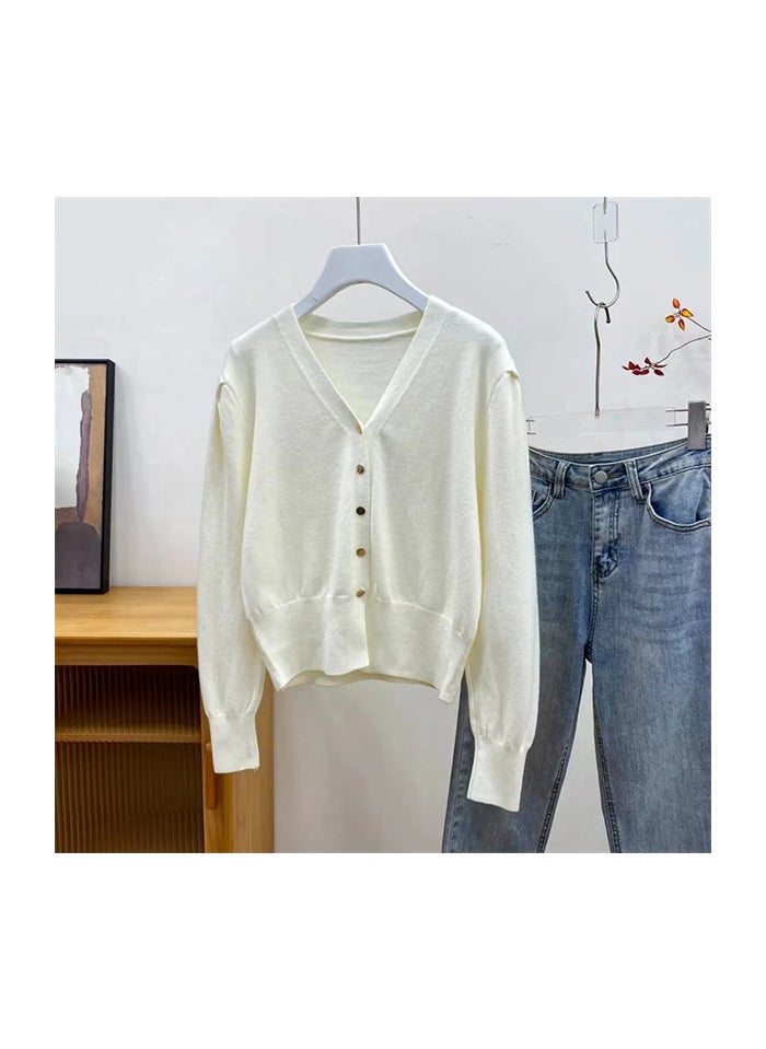 French Retro Bubble Sleeve Knit Cardigan for Women Apricot