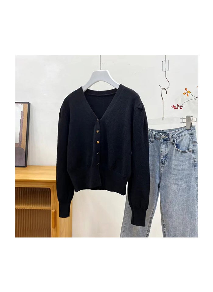 French Retro Bubble Sleeve Knit Cardigan for Women Apricot