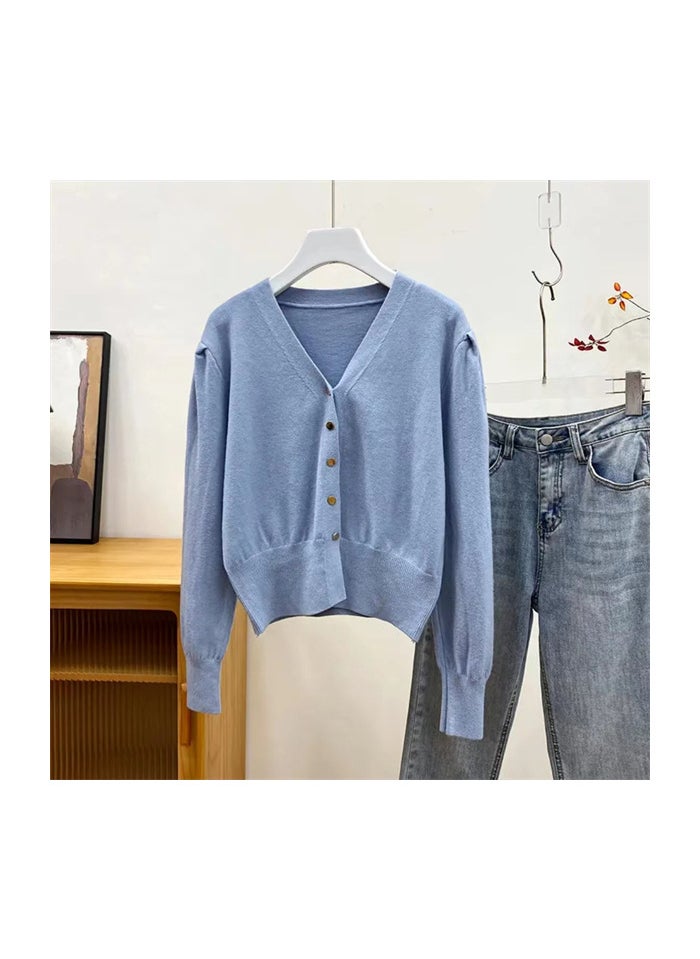 French Retro Bubble Sleeve Knit Cardigan for Women Blue