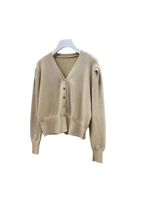 French Retro Bubble Sleeve Knit Cardigan for Women Olive green