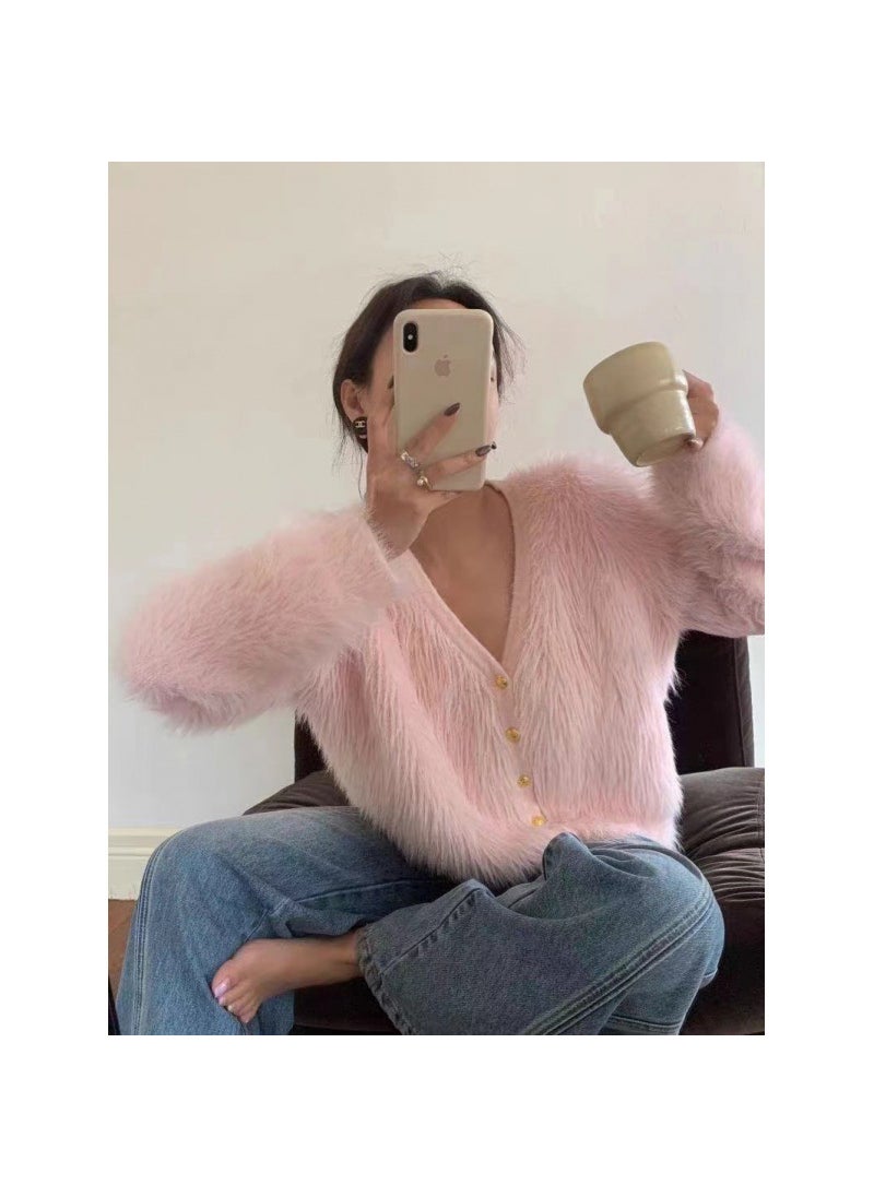 Korean Style Pink Faux Mink Fur Cardigan Knit Sweater Pink