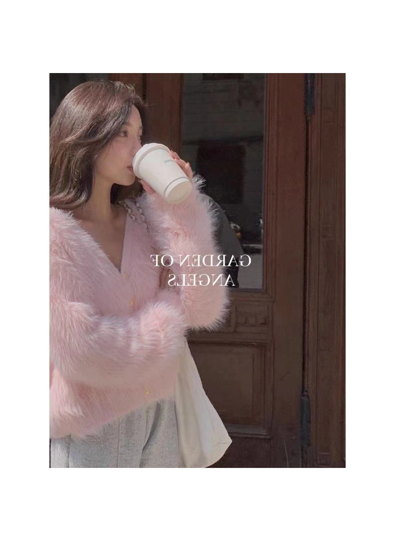 Korean Style Pink Faux Mink Fur Cardigan Knit Sweater Pink