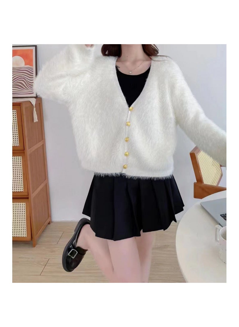 Korean Style Pink Faux Mink Fur Cardigan Knit Sweater Khaki