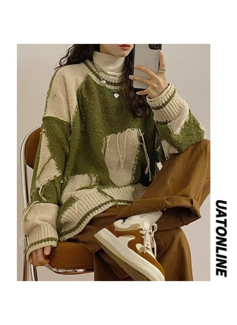 2026 Lazy Knit Sweater Women Retro Loose Pull-over Green